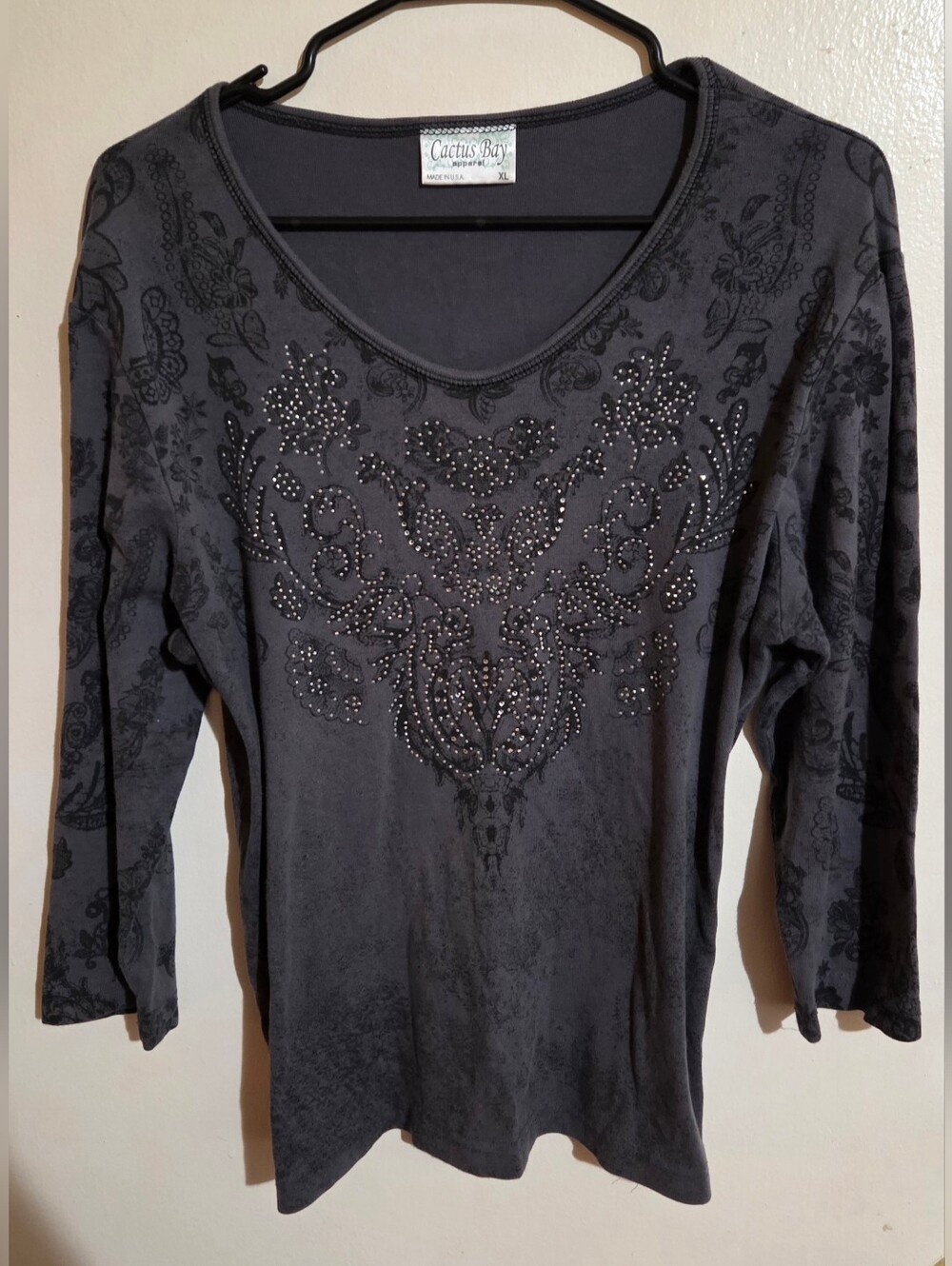 Womens Cactus Bay Y2K Vintage Three Quarter Sleeve Gray Bling Grunge Top Size XL